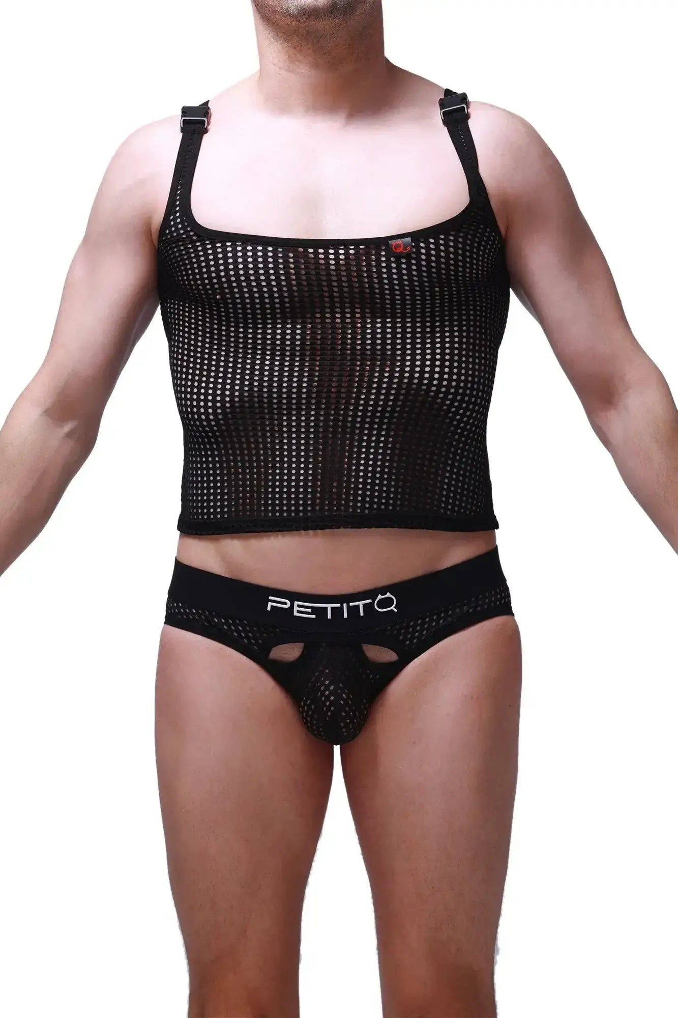 PetitQ tank top attan durtol black is a black mesh tank top with adjustable straps and a small red logo.