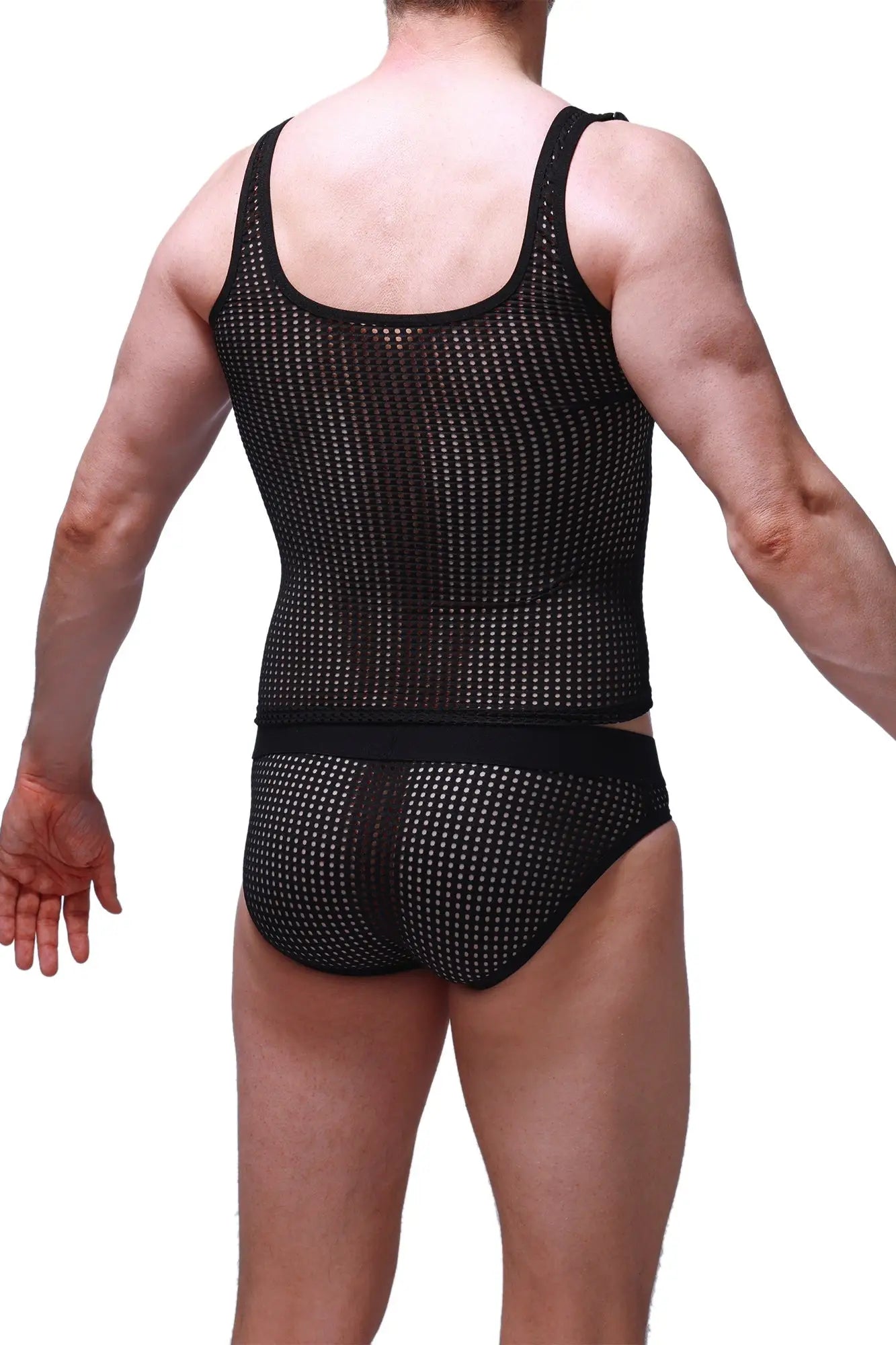 Black mesh petitq tank top and matching briefs set featuring breathable fabric and sleek design in black