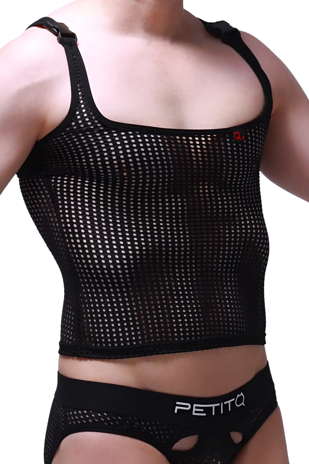 PetitQ black mesh tank top with square neckline adjustable shoulder straps and small red logo on upper right chest