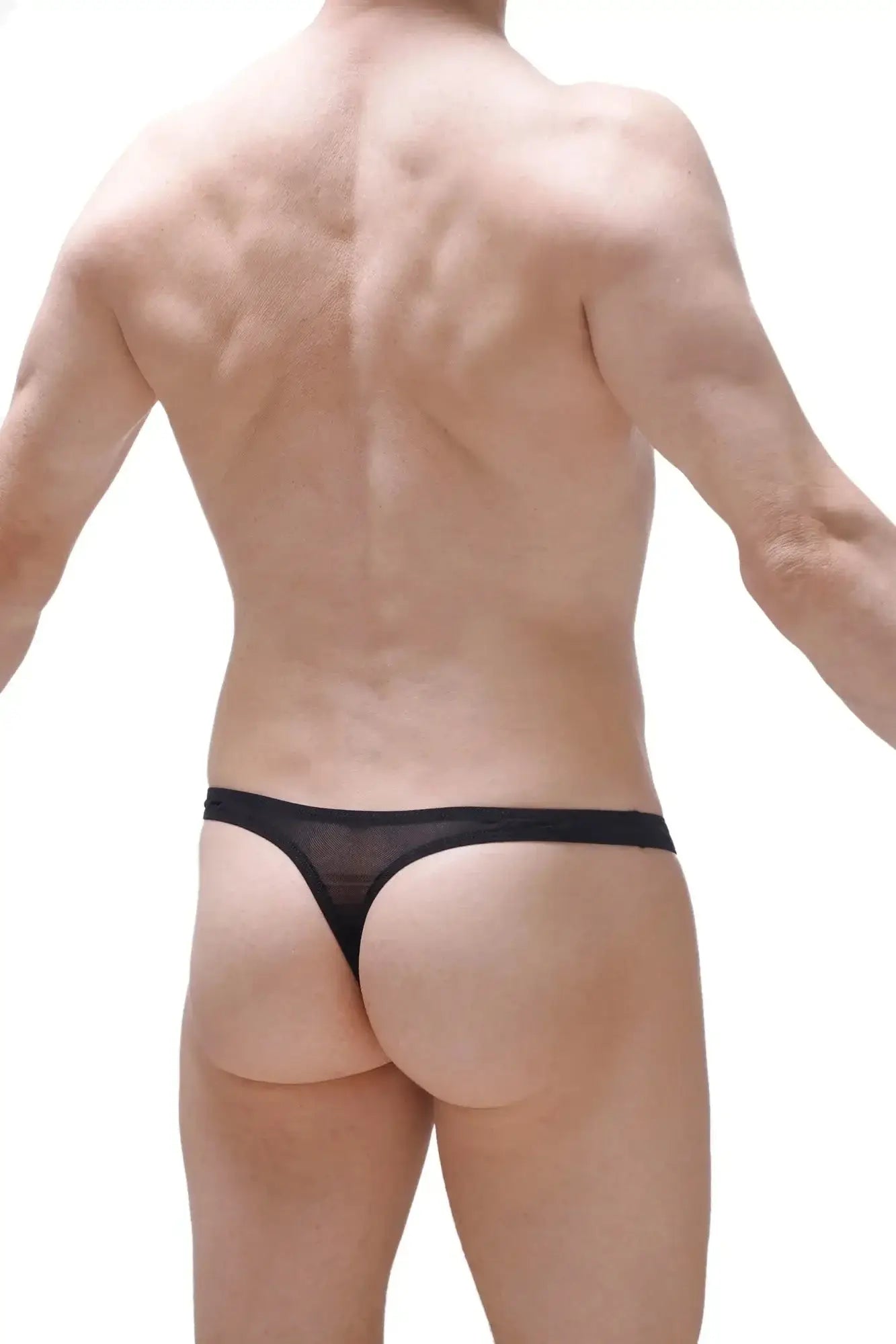 Black sheer mesh thong by petitq featuring a delicate andlau boudoir design visible from the back side