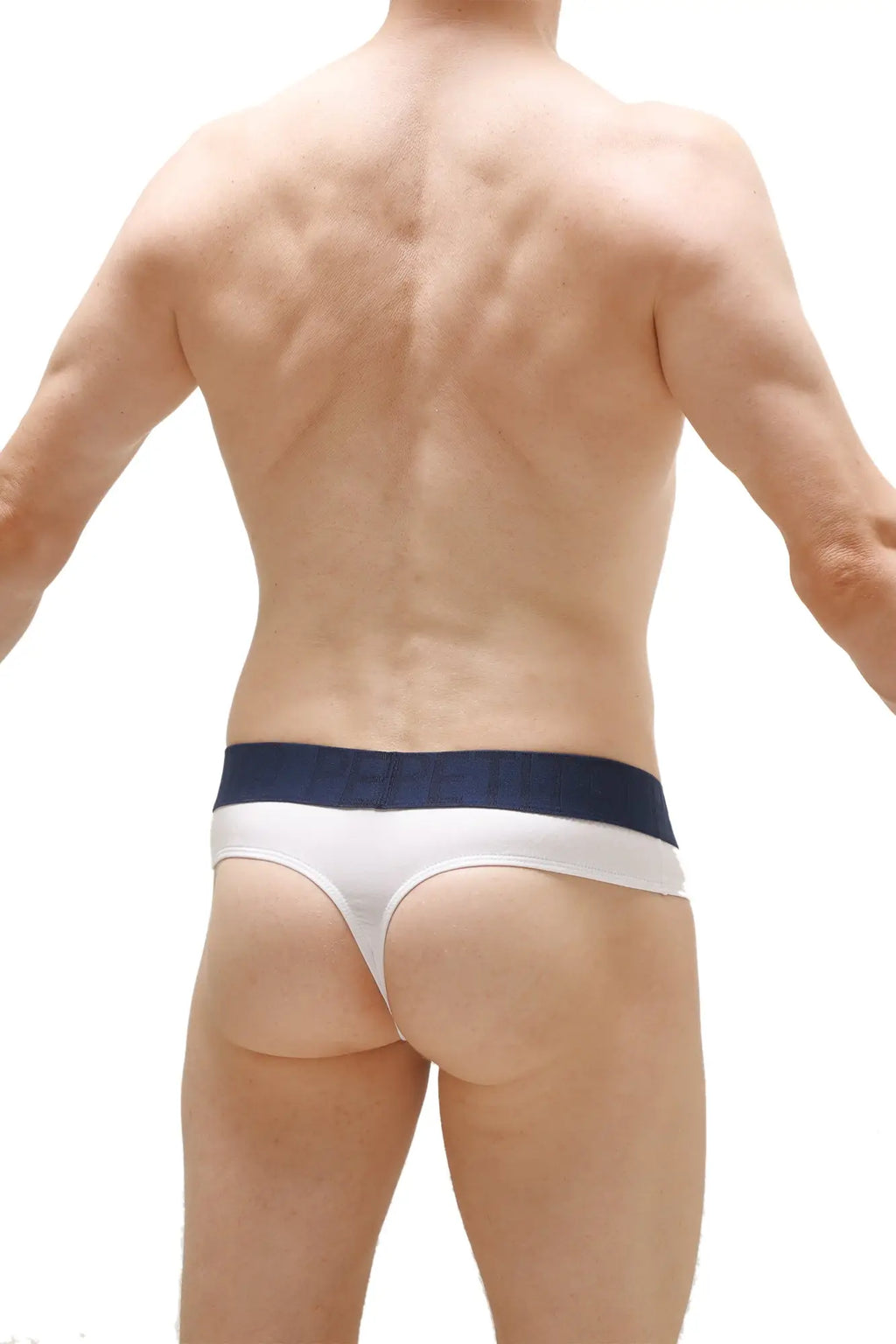 PetitQ thong Anjouin white in white and navy blue with a wide waistband showing front side design