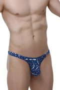 Petitq thong annoix new denim men’s blue patterned thong with white abstract design front view