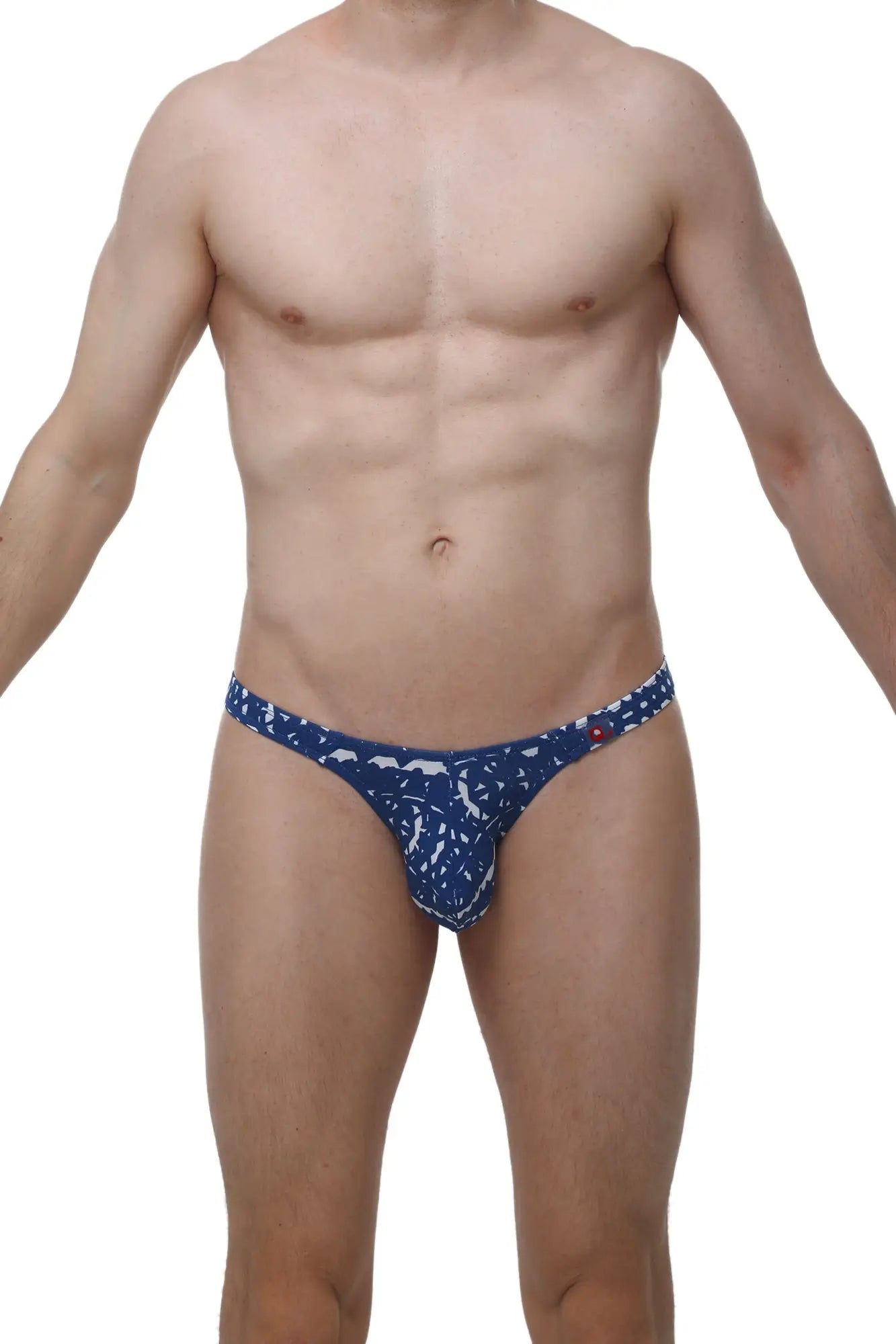 Blue patterned mens briefs with white abstract designs from petitq thong annoix new denim collection