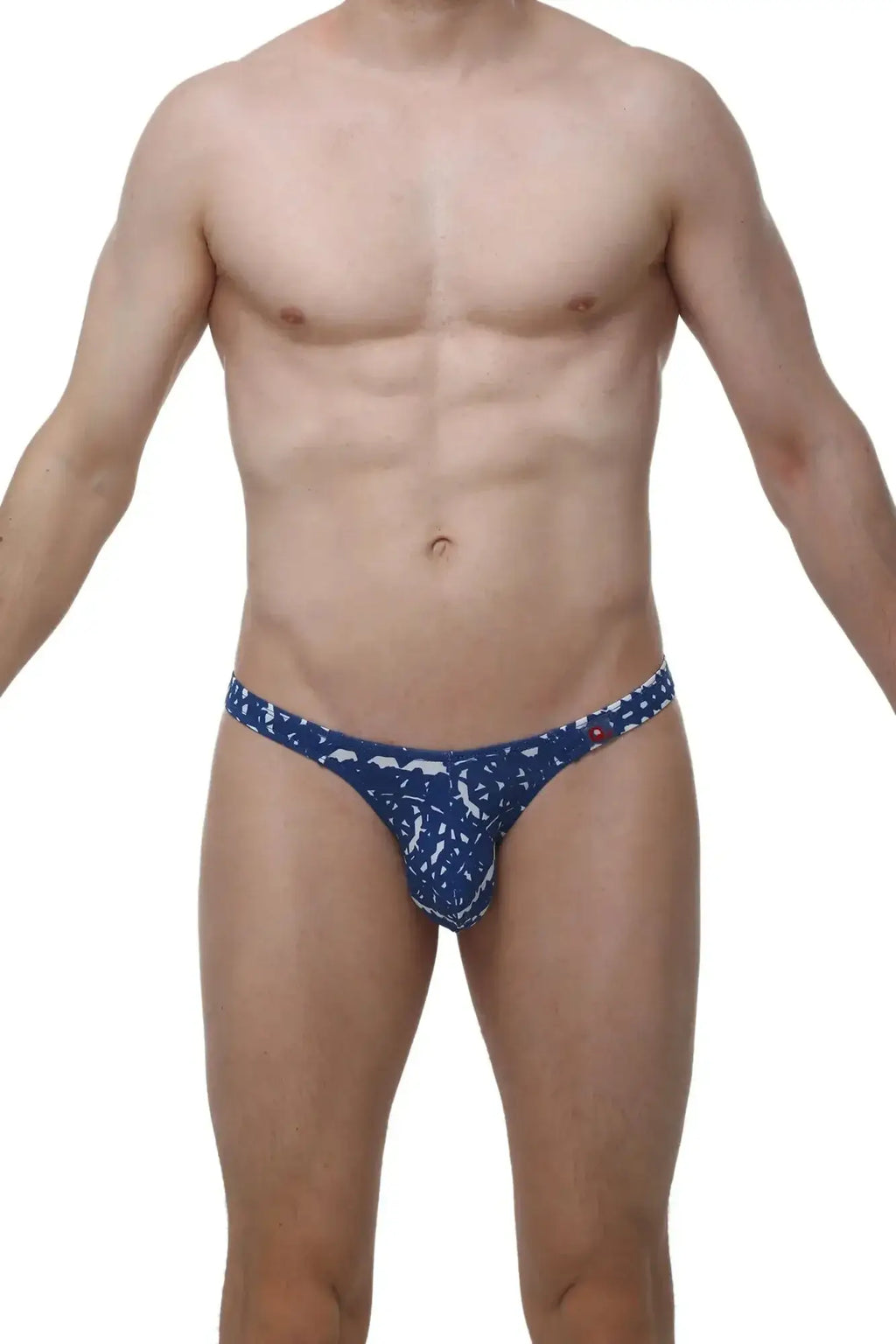 Blue patterned mens briefs with white abstract designs from petitq thong annoix new denim collection