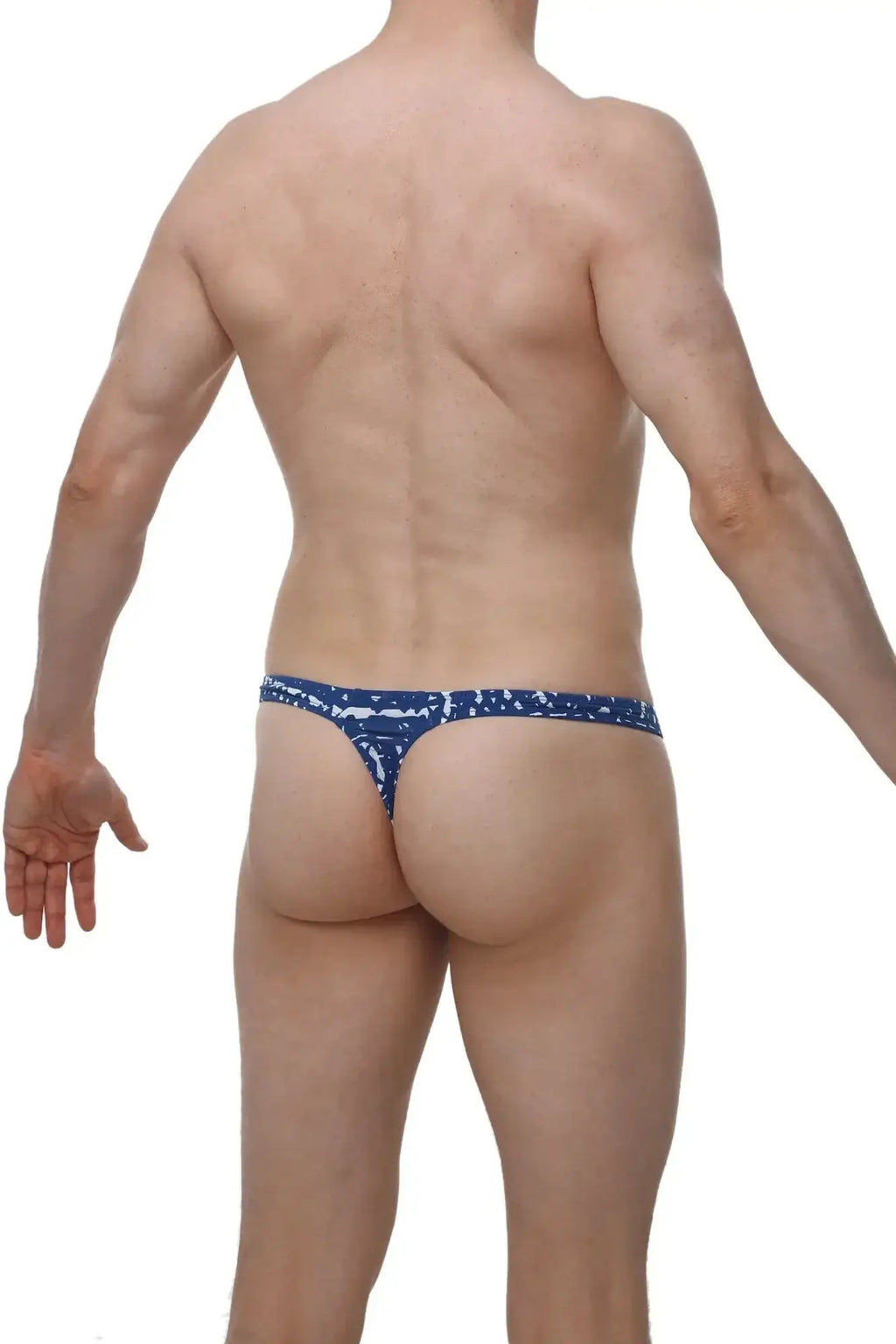 Petitq thong annoix new denim blue patterned thong with white abstract design front view