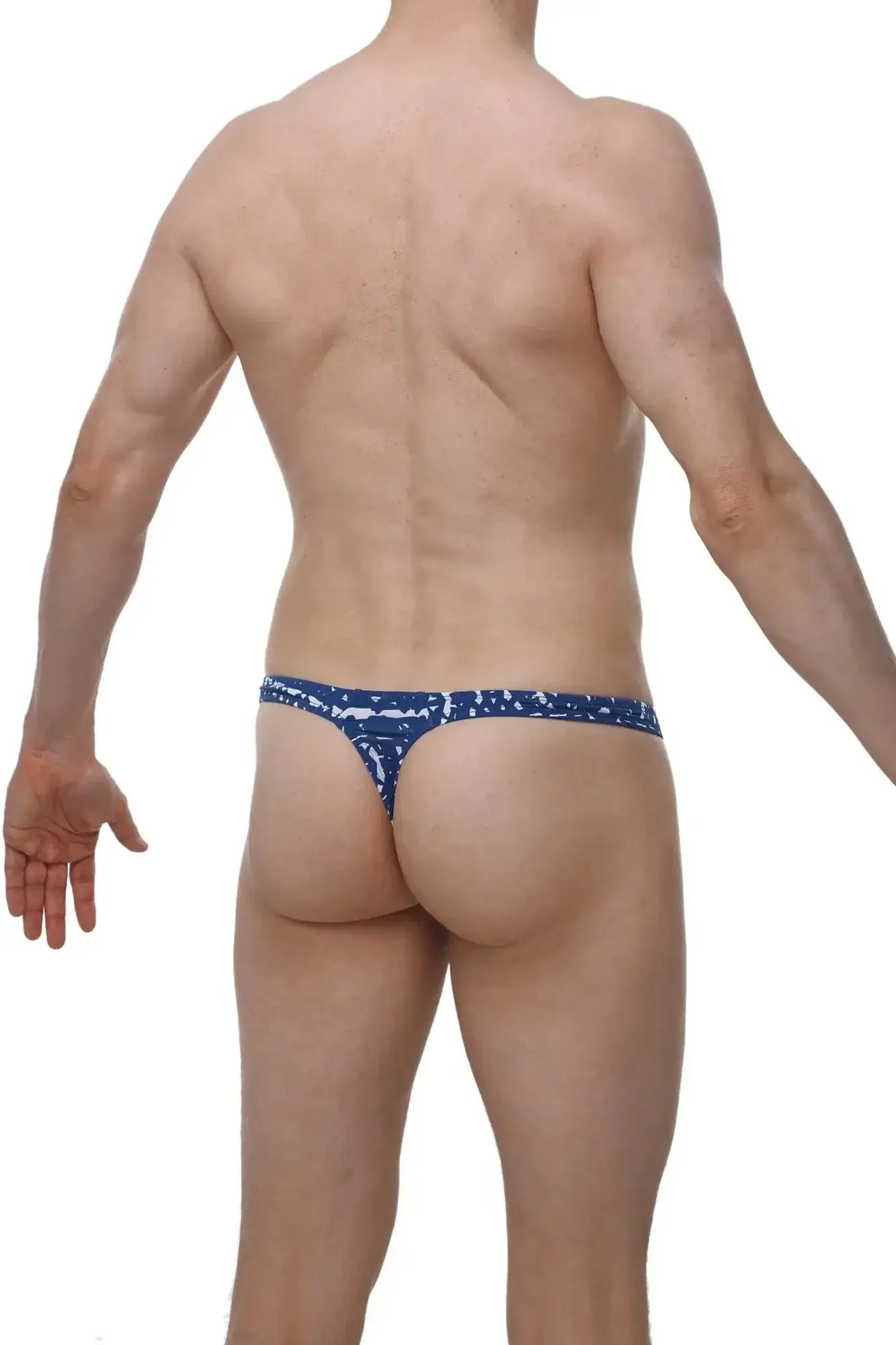 Petitq thong annoix new denim blue patterned thong with white abstract design front view