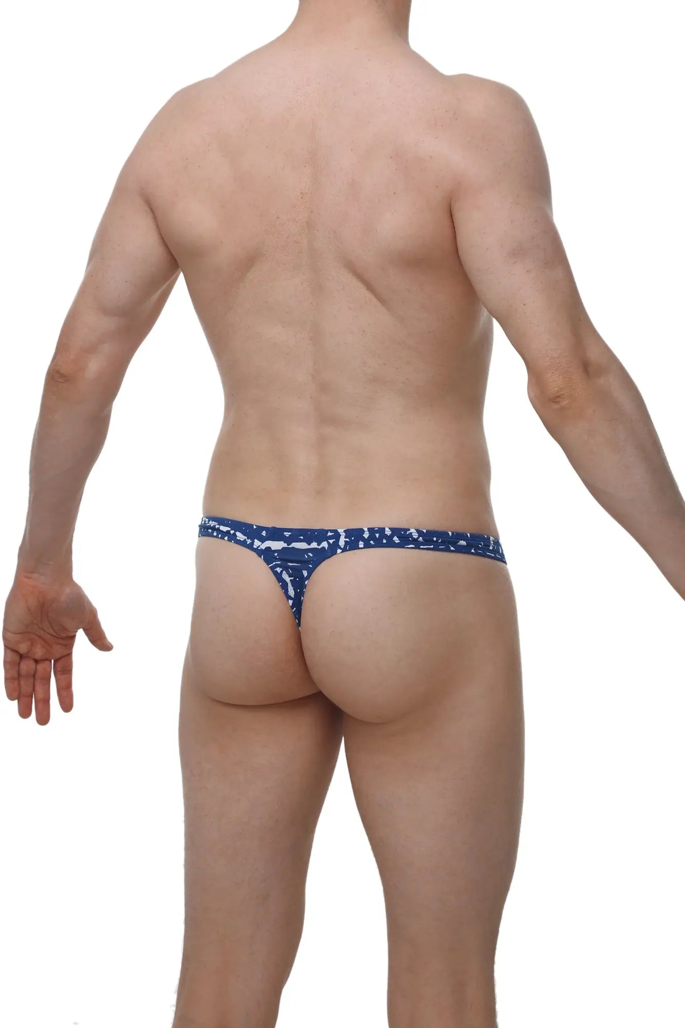 Petitq thong annoix new denim blue patterned thong with white abstract design front view