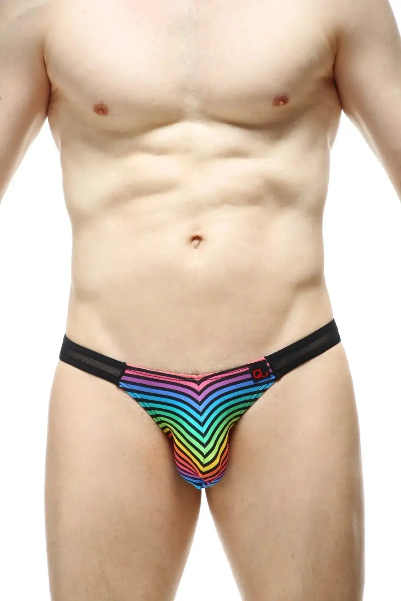 PetitQ Thong Annoix rainbow Monti rainbow-striped chevron patterned men’s briefs with black waistband and red logo