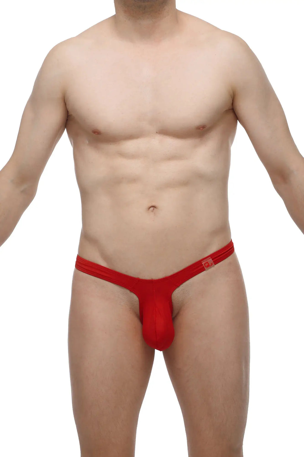 Red thong made of smooth stretchy fabric with a small rectangular logo on the waistband shown from the back