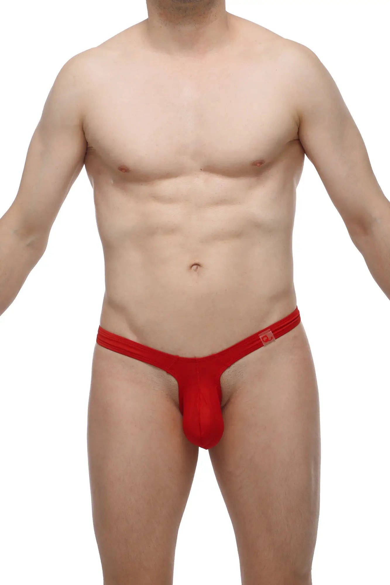 Red thong made of smooth stretchy fabric with a small rectangular logo on the waistband shown from the back