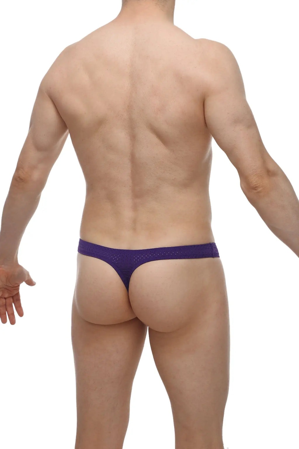Purple petitq thong arkeuil bee with textured perforated design showing the back side of the product