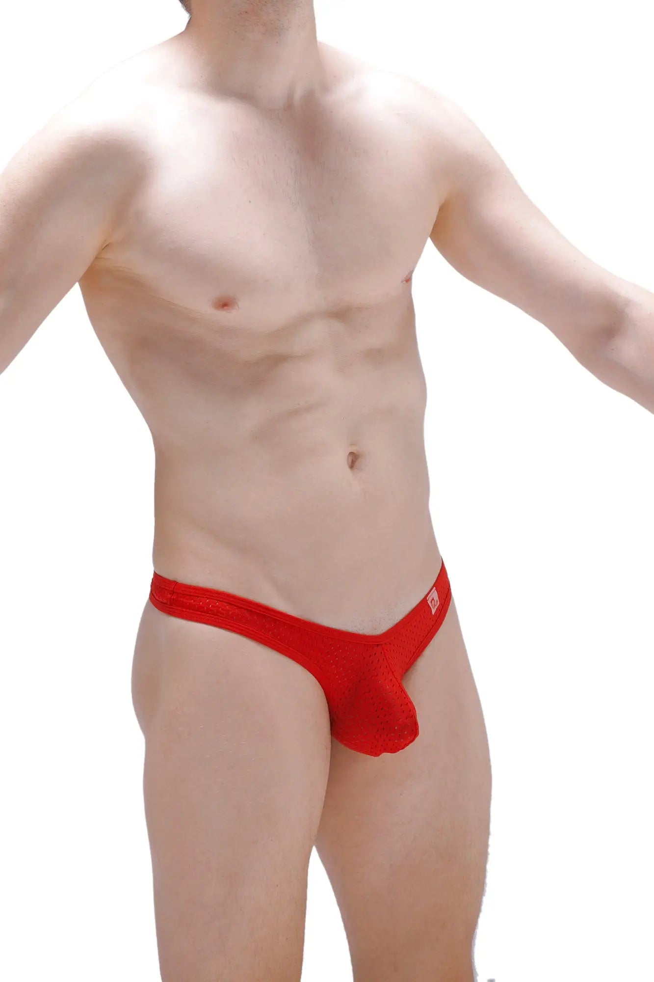 Petitq thong auzas bee red red lace men’s thong with a small logo on the side shown from the front