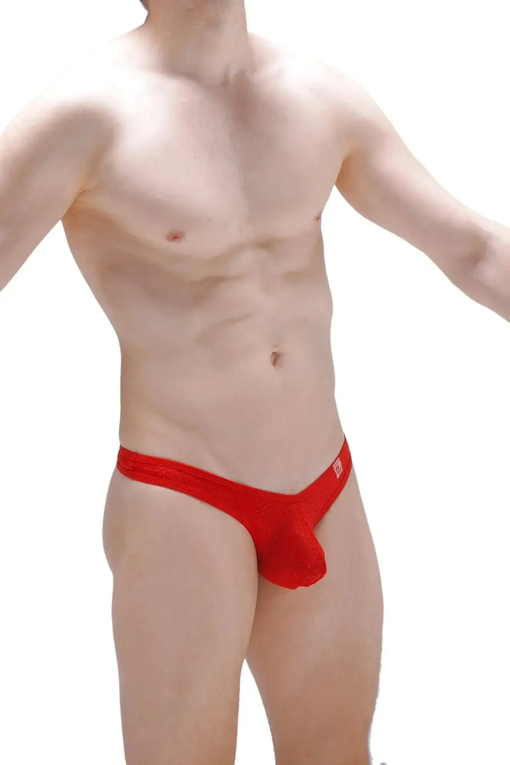 Petitq thong auzas bee red red lace men’s thong with a small logo on the side shown from the front