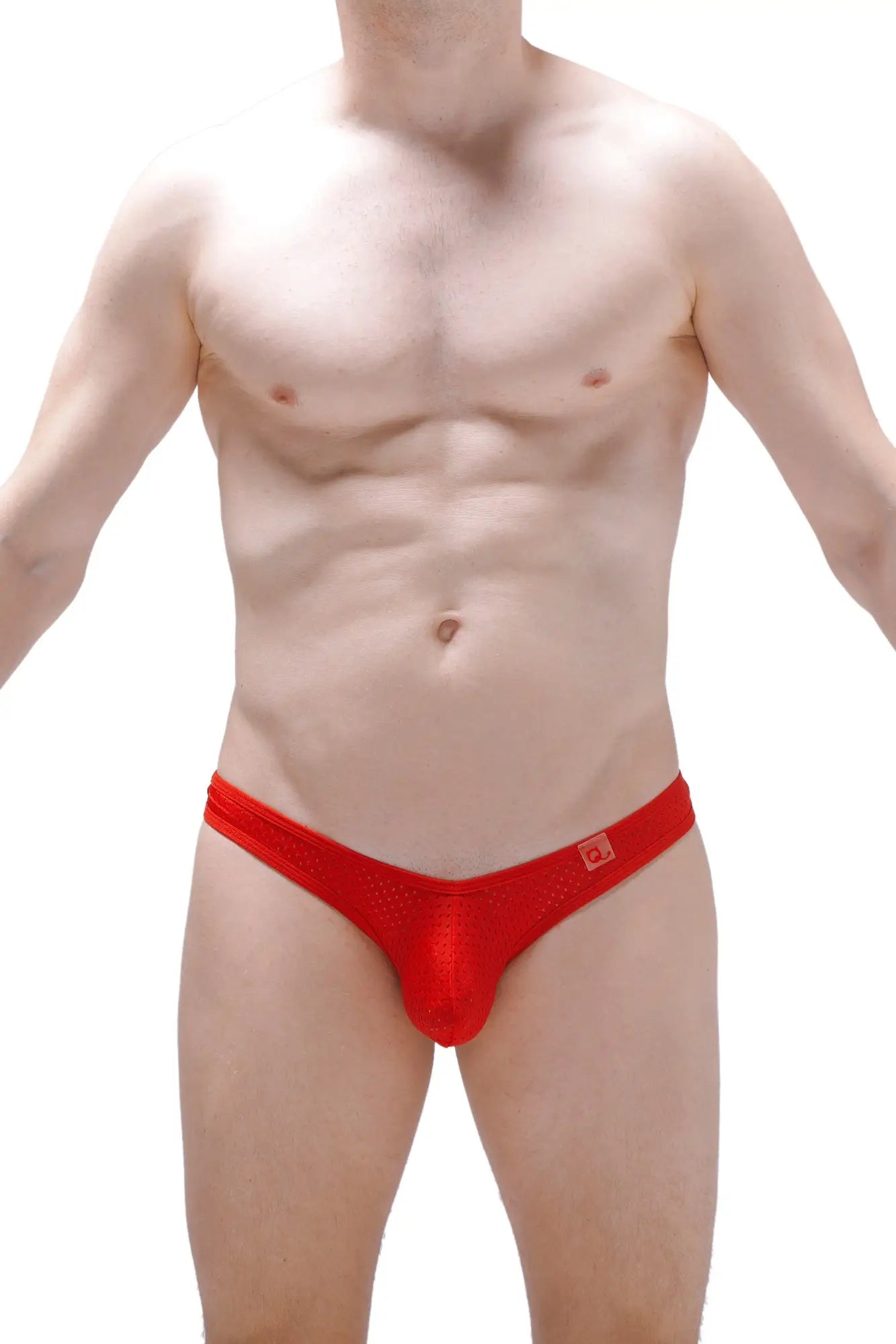 Red lace-trimmed men’s briefs with subtle texture and small logo on waistband from PetitQ thong Auzas Bee Red collection