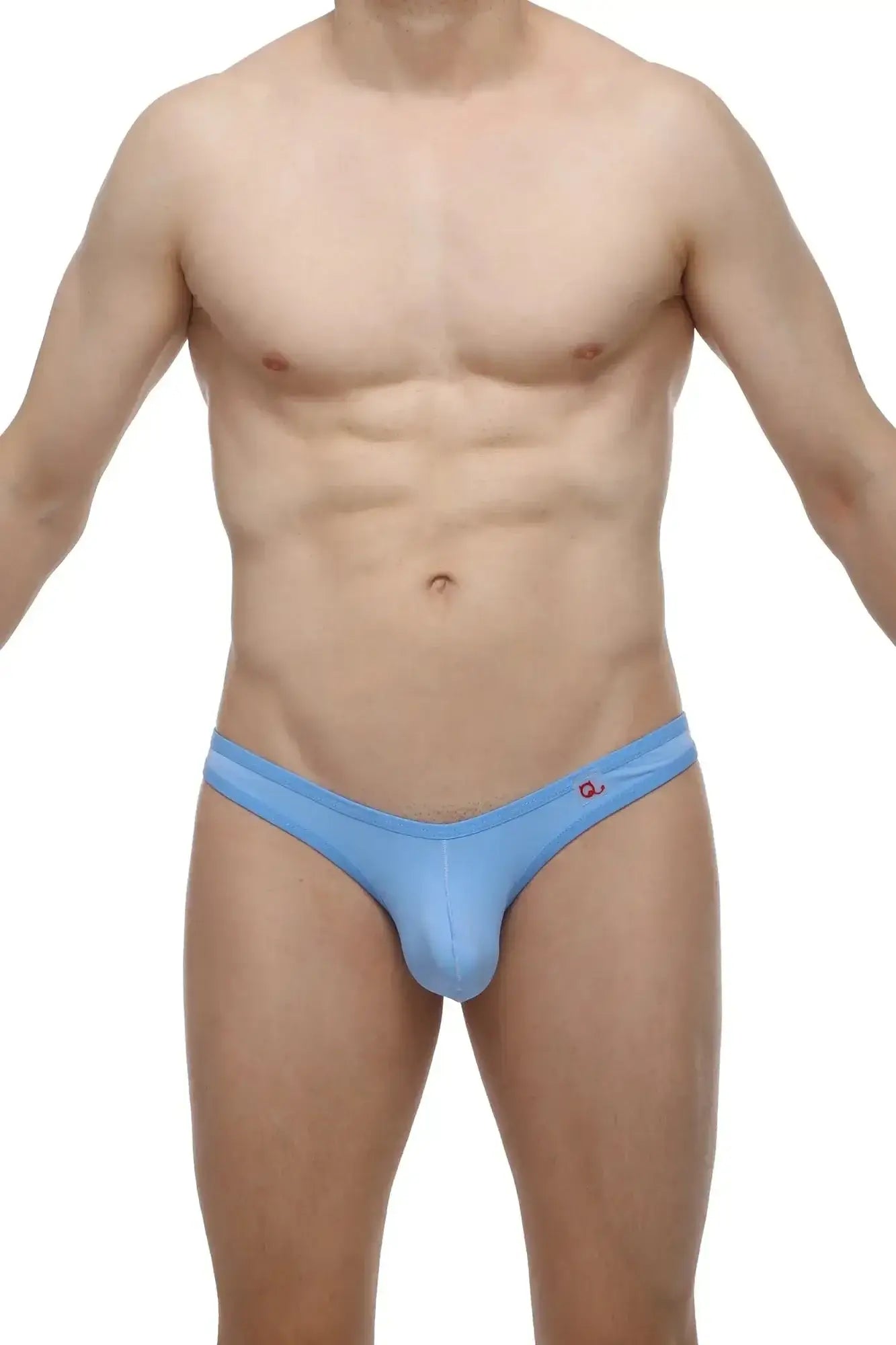 Petitq thong auzas cornflower light blue form-fitting men’s briefs with smooth stretchy fabric and red logo waistband