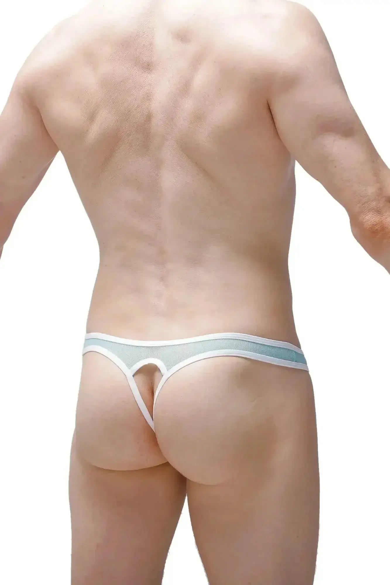 PetitQ thong Auzas net green light blue and white mesh thong with thin supportive waistband front view