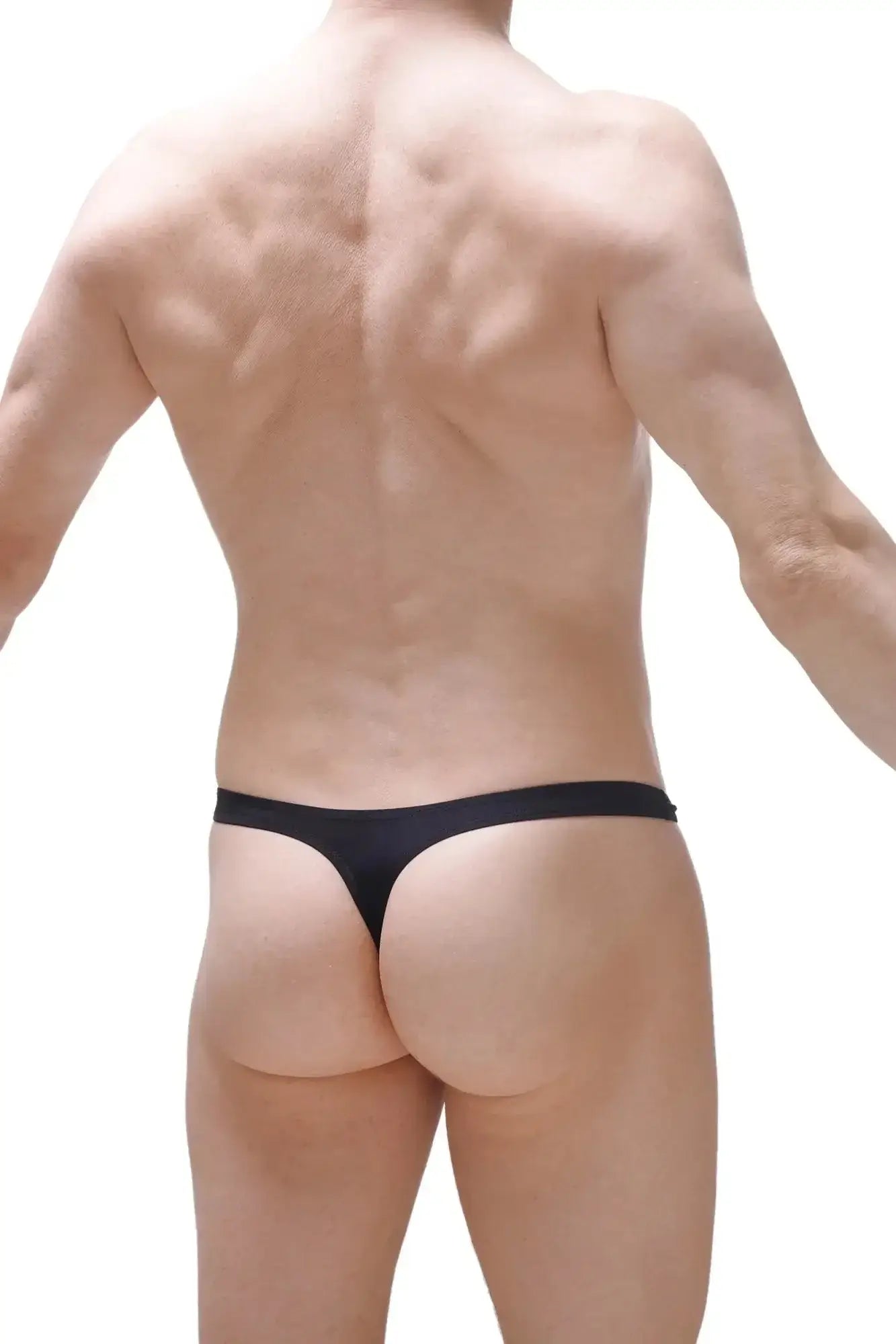 Black petitq thong underwear with plum and black color detail showcasing the back side design