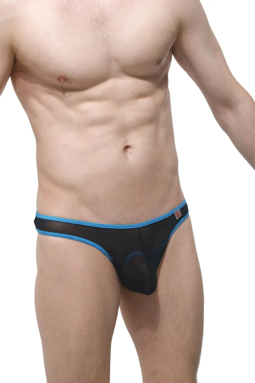 Black mesh thong with blue trim and small red logo on waistband from petitq thong bam net black collection