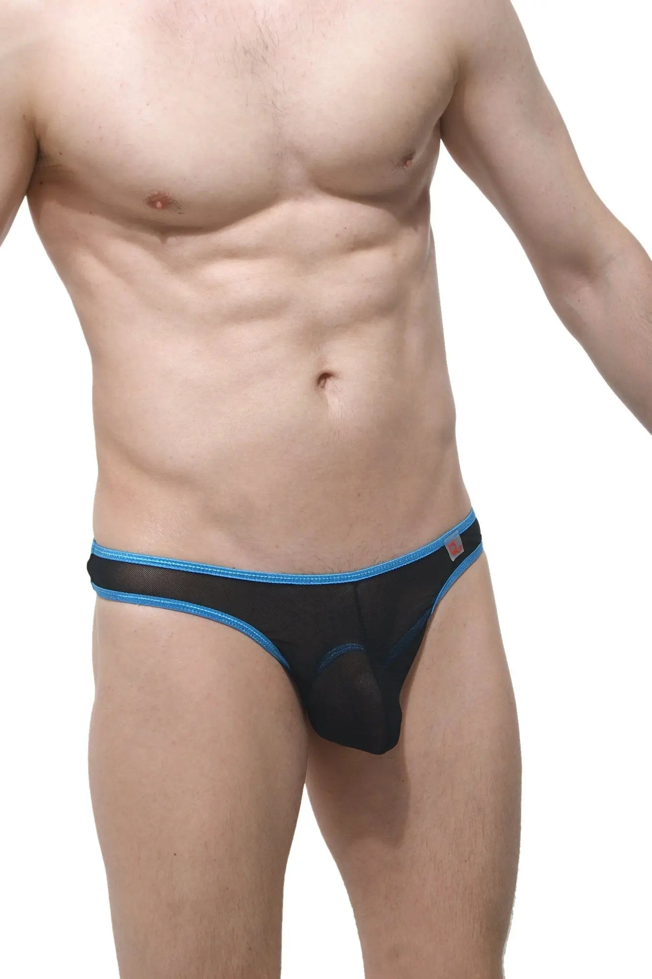 Black mesh thong with blue trim and small red logo on waistband from petitq thong bam net black collection