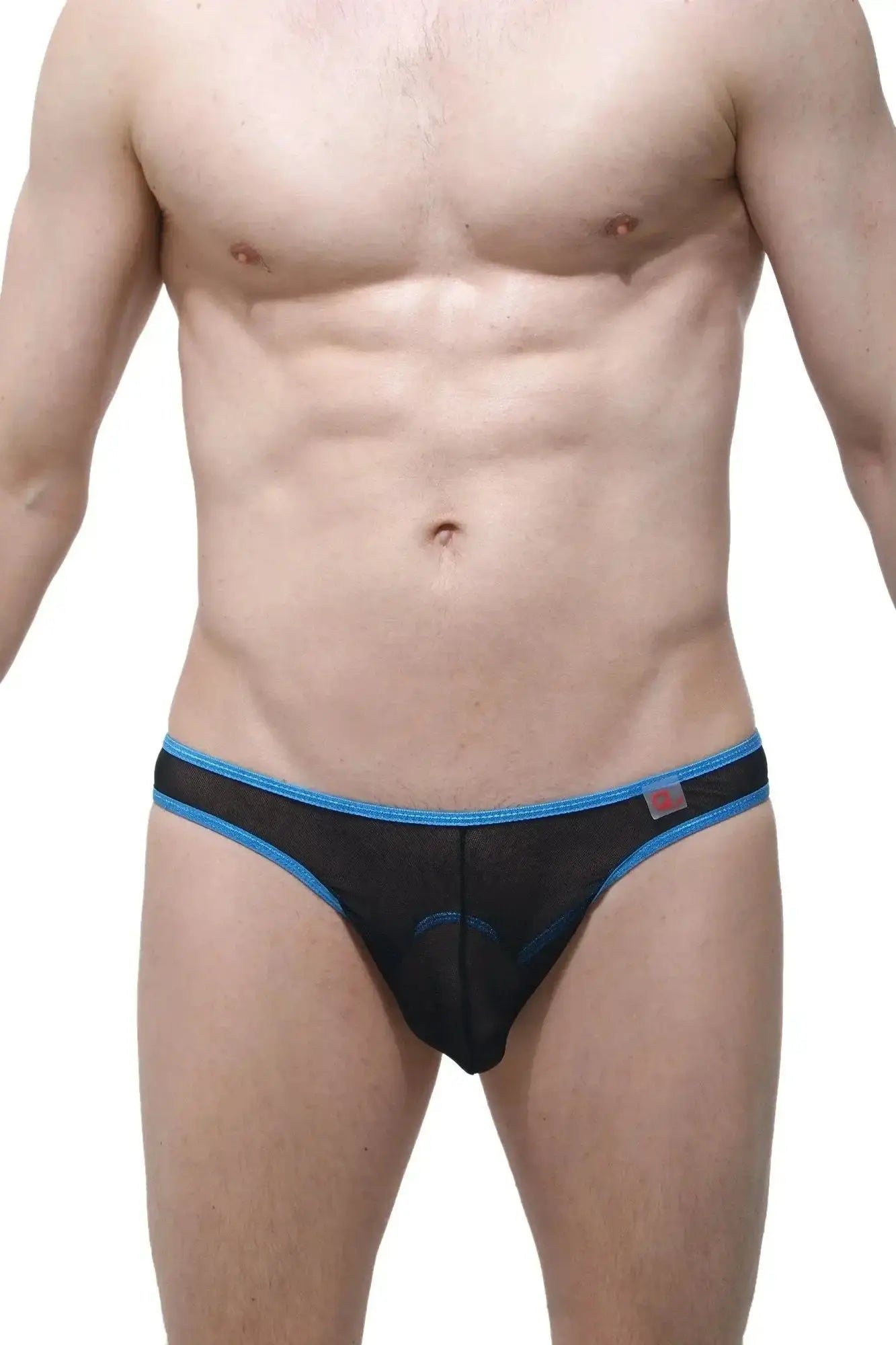 Black mesh thong with blue trim and small red logo on waistband from petitq thong bam net black collection