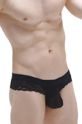 PetitQ Thong Barboy Black men’s thong in black lace-trimmed sheer molded front panel for a bold look