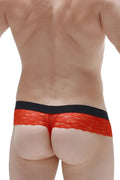 PetitQ thong Barboy red lace thong with black elastic waistband showcasing front side design