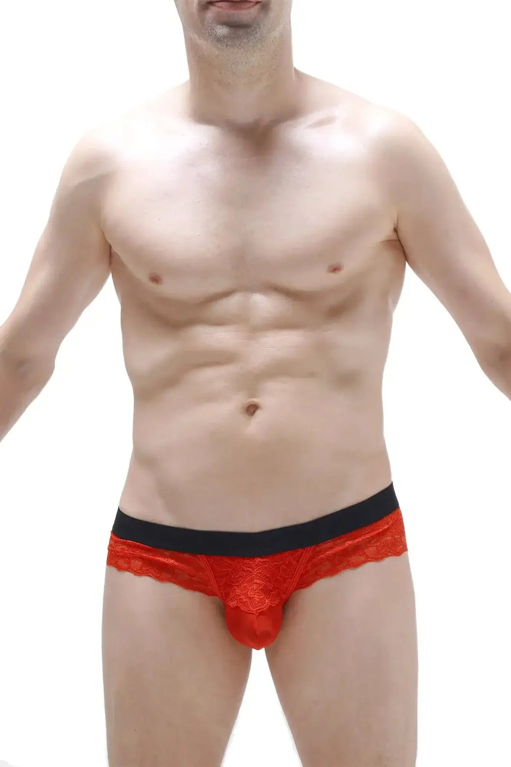 Red lace men’s thong underwear with black waistband petitq thong barboy red front view