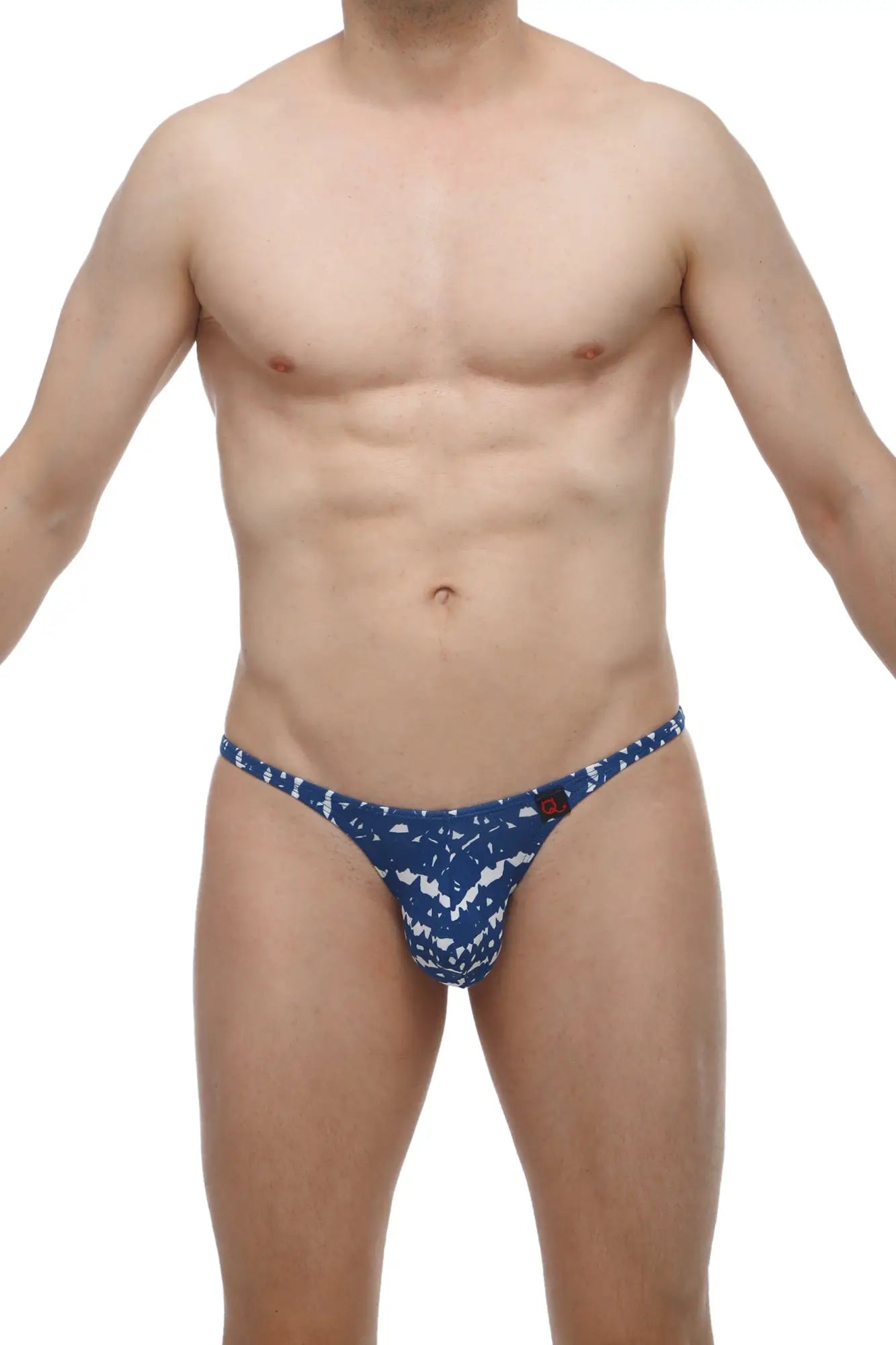 PetitQ thong bram new denim blue and white patterned men’s thong with small red button detail on the side