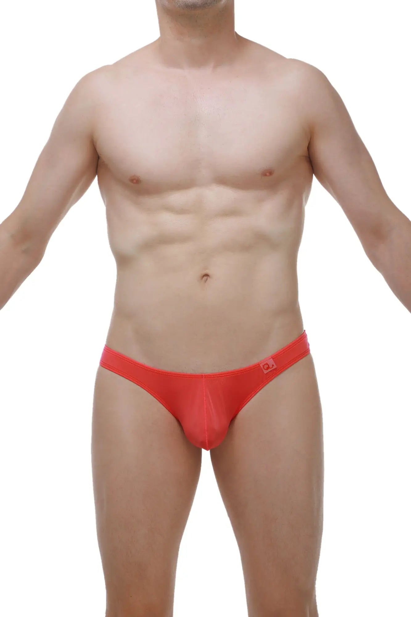 Bright red form-fitting men’s briefs with subtle logo waistband from PetitQ Thong Bulan Plum Crimson collection