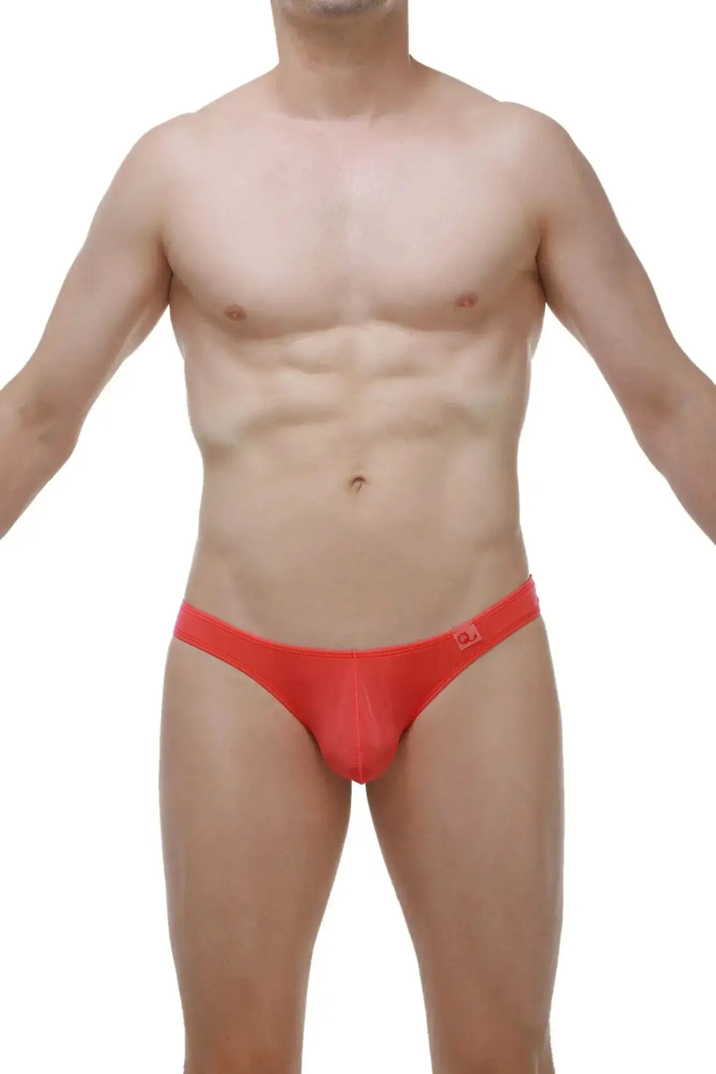 Bright red form-fitting men’s briefs with subtle logo waistband from PetitQ Thong Bulan Plum Crimson collection