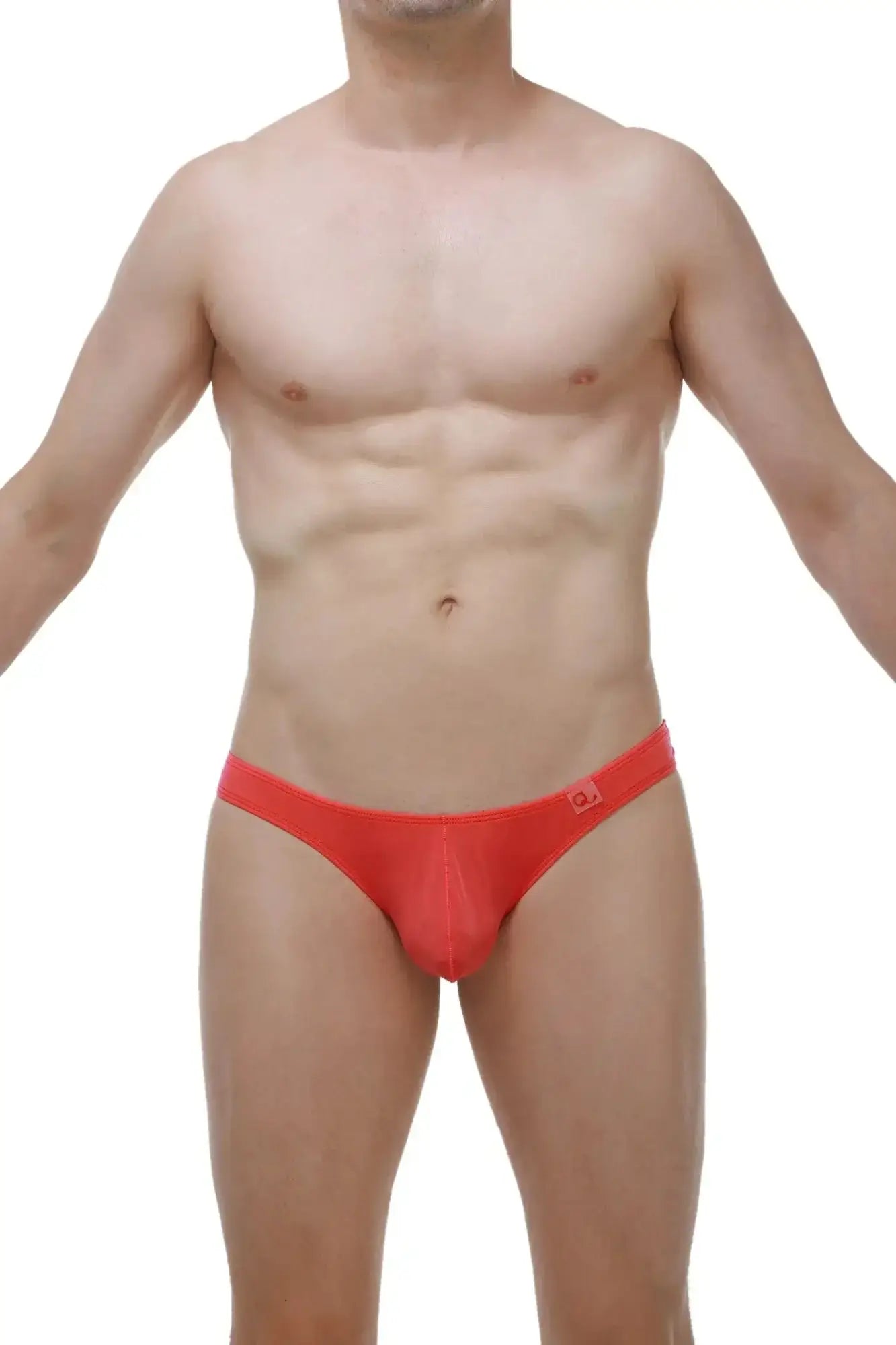 Bright red form-fitting men’s briefs with subtle logo waistband from PetitQ Thong Bulan Plum Crimson collection