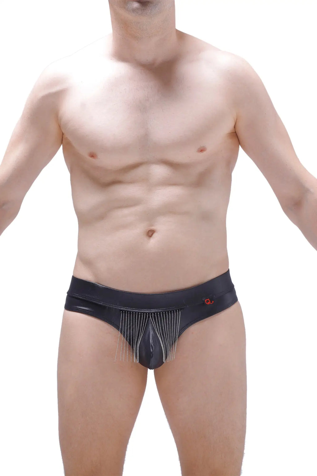 Black leather-like briefs petitq thong cabaret with central front panel and dangling silver chains for edgy style