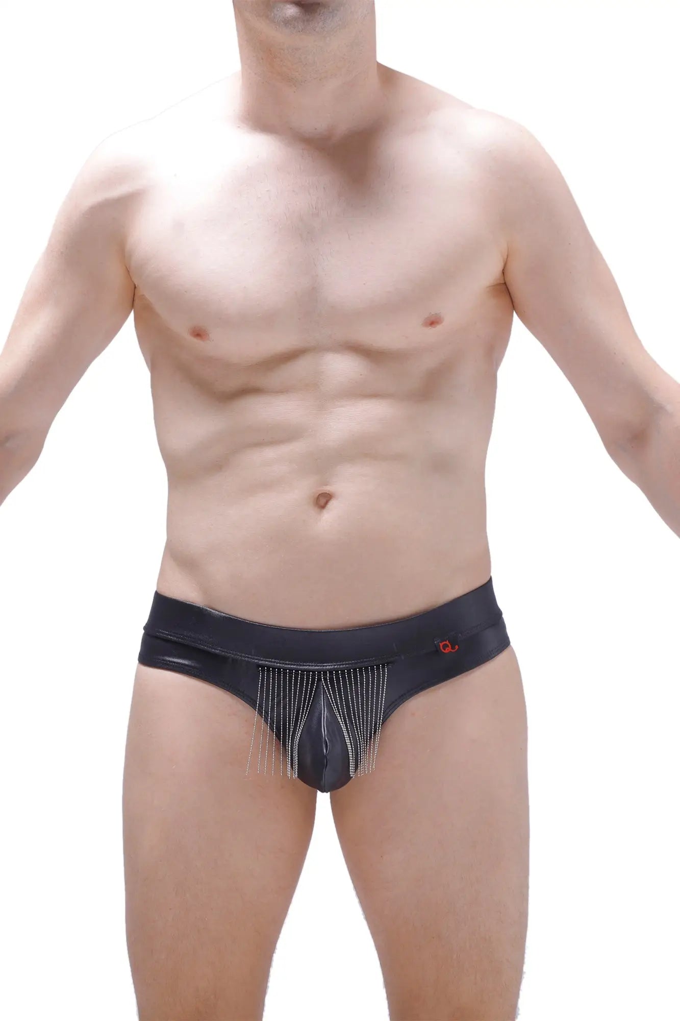 Black leather-like briefs petitq thong cabaret with central front panel and dangling silver chains for edgy style