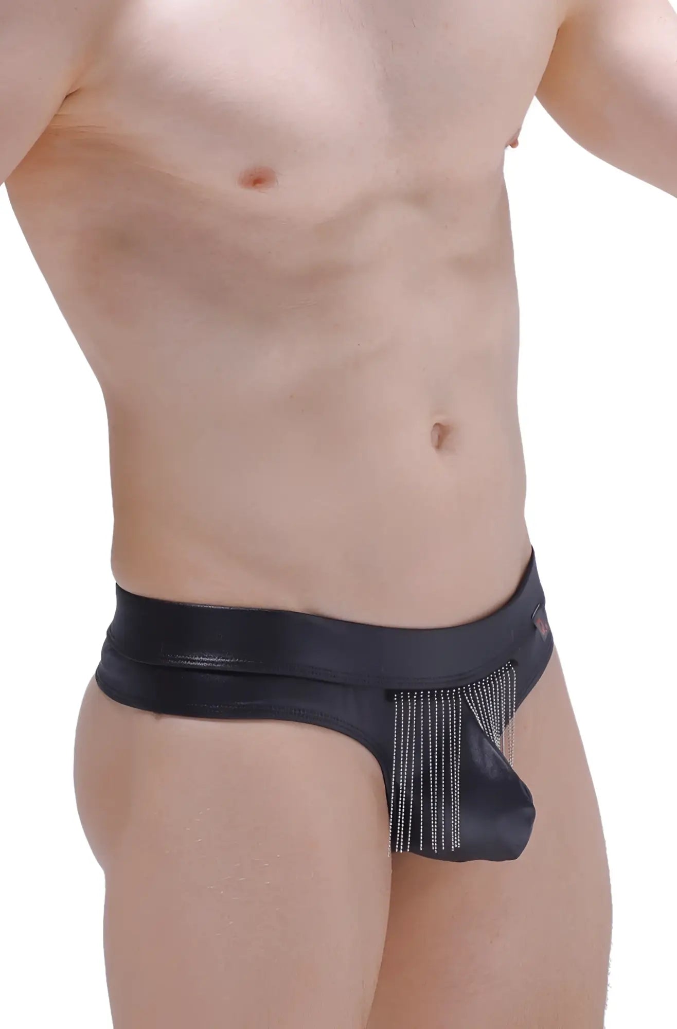 Black leather-like petitq thong cabaret briefs with decorative fringe detail visible from the back side