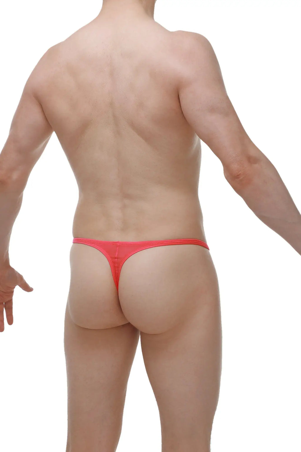 Bright red form-fitting PetitQ thong made of smooth stretchy fabric shown from the back side