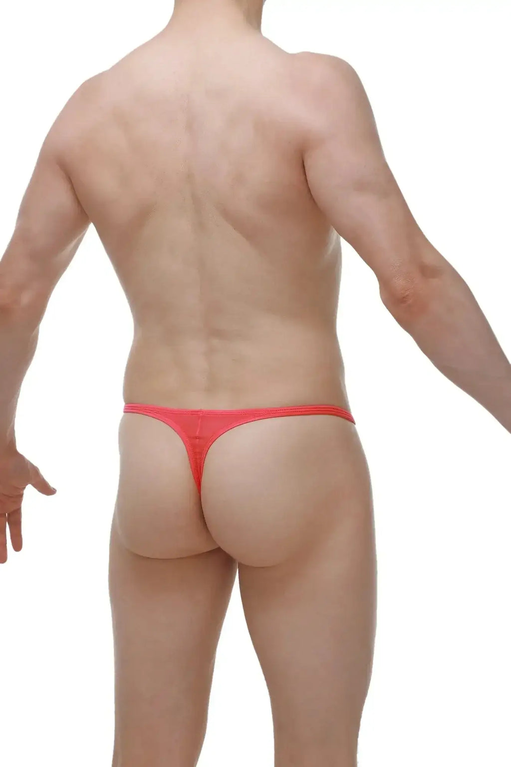 Bright red form-fitting PetitQ thong made of smooth stretchy fabric shown from the back side