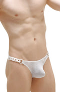 White mesh thong with chunky chain belt detail by PetitQ shown from the back in the bee white design