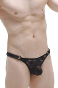 Black lace thong with braided chain belt and metal rings from petitq thong chains lace black collection