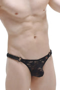 Black lace thong with braided chain belt and metal rings from petitq thong chains lace black collection