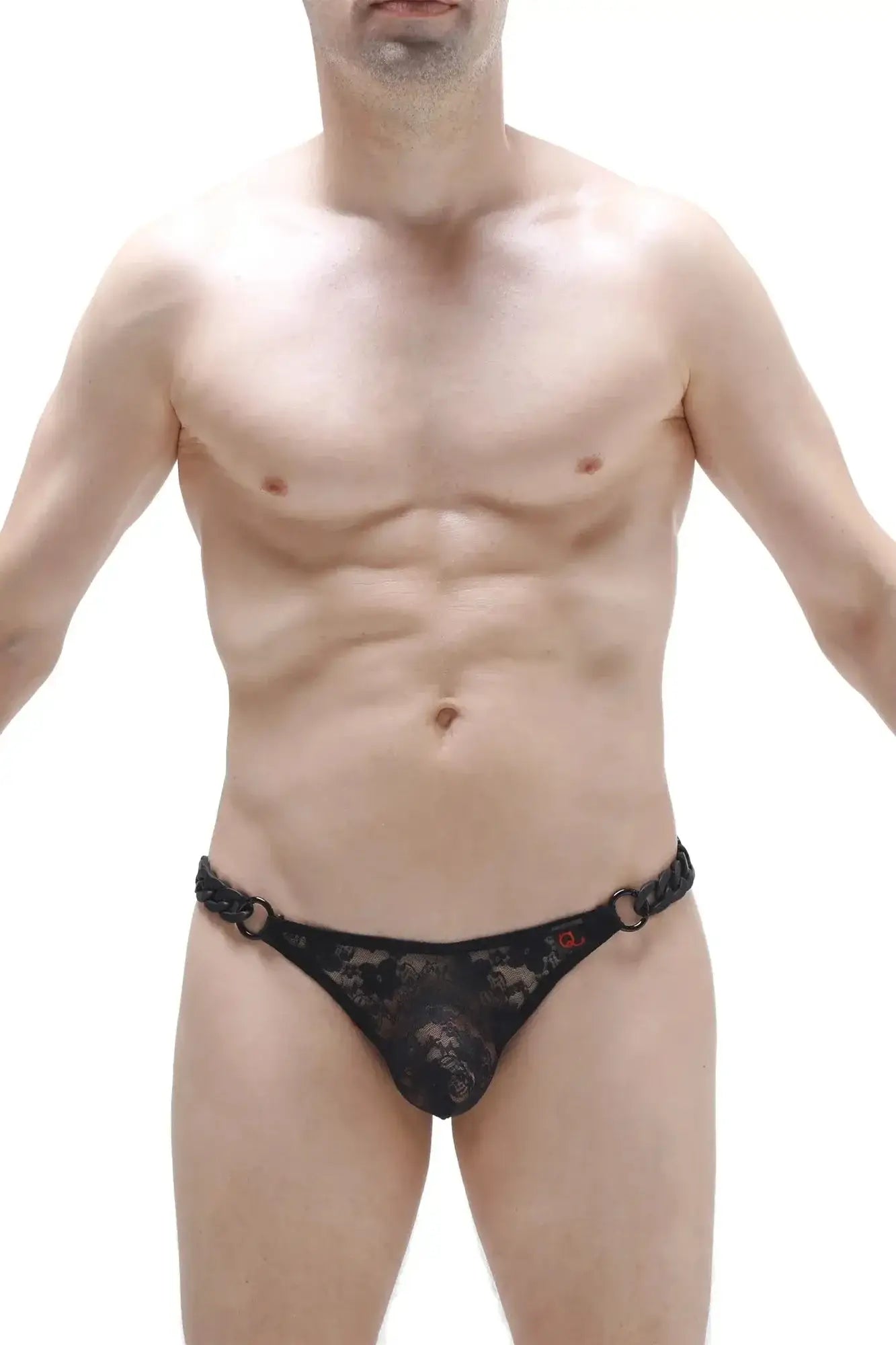 Black lace thong with braided trim and metal rings at the sides from petitq thong chains lace black collection