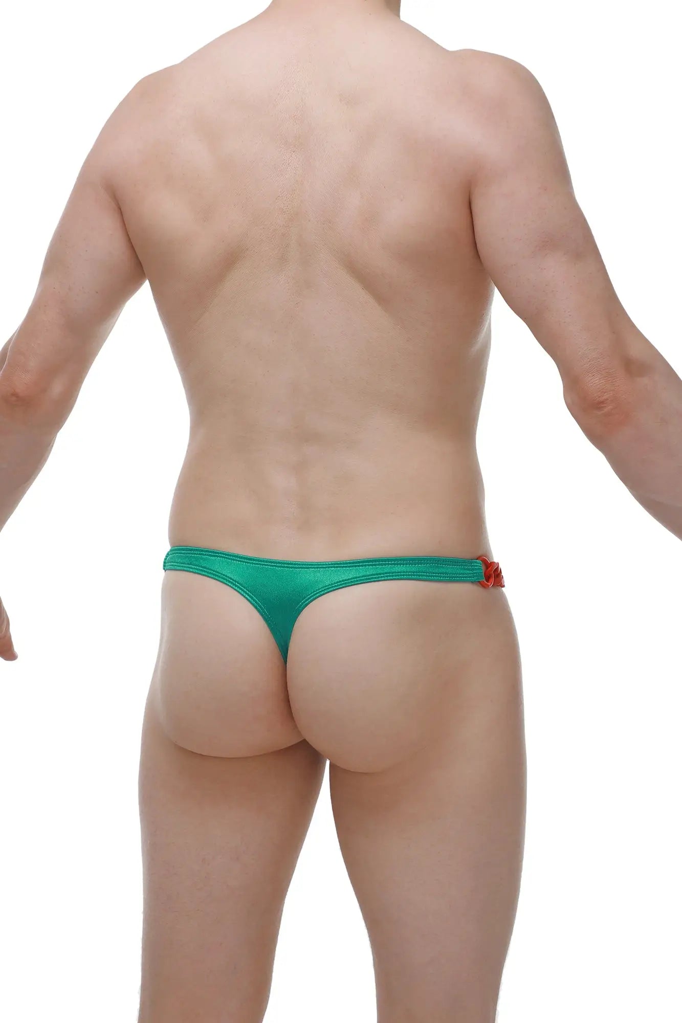 Emerald green satin petitq thong with a small orange decorative accent on the side