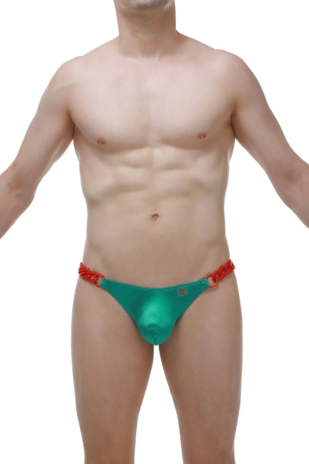 PetitQ thong chains satin green teal-green shiny fabric thong with red braided chain detailing at the waistband front view