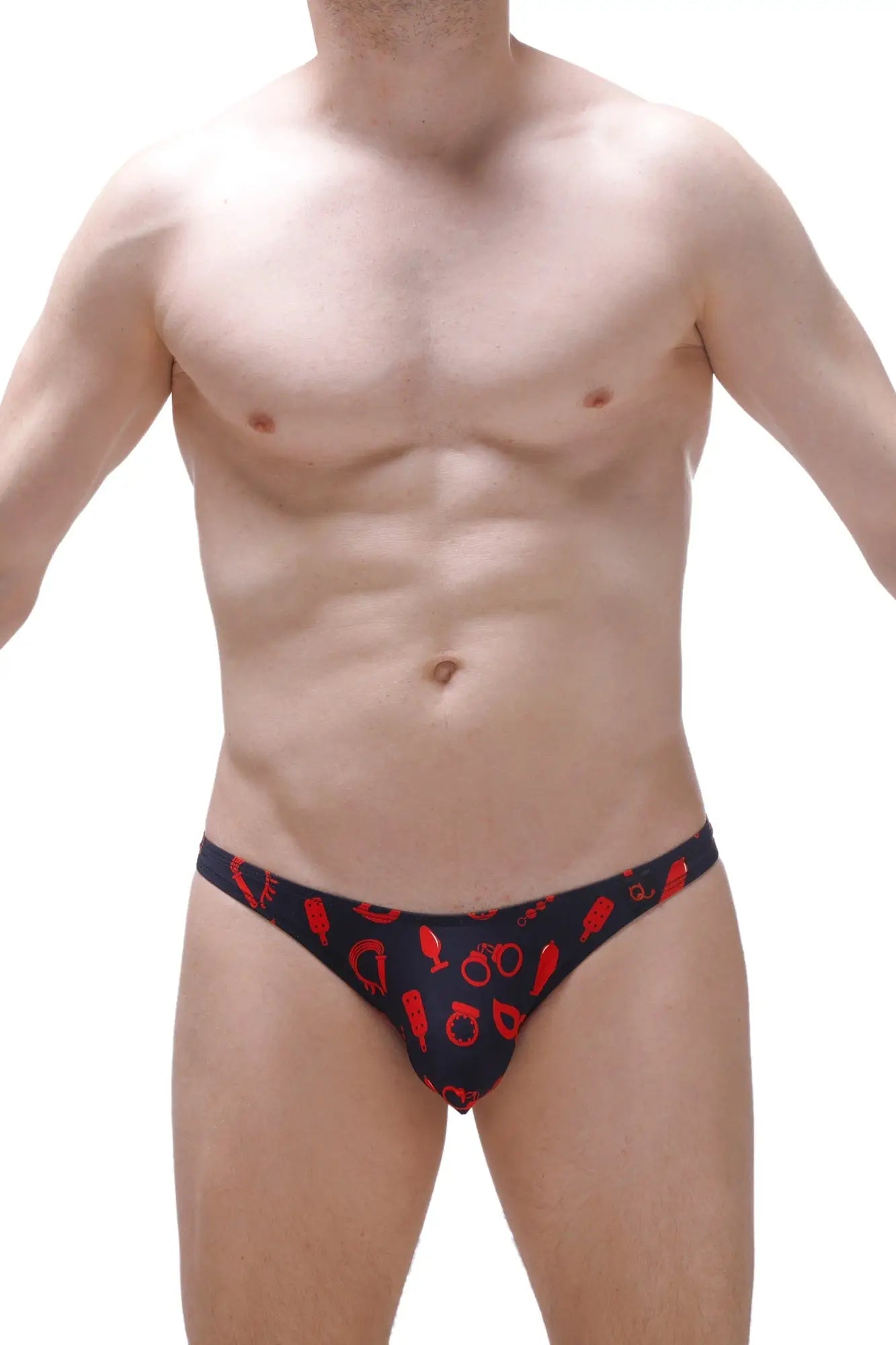 Black petitq thong chill boudoir with bold red graphic pattern featuring various symbols on a soft fabric