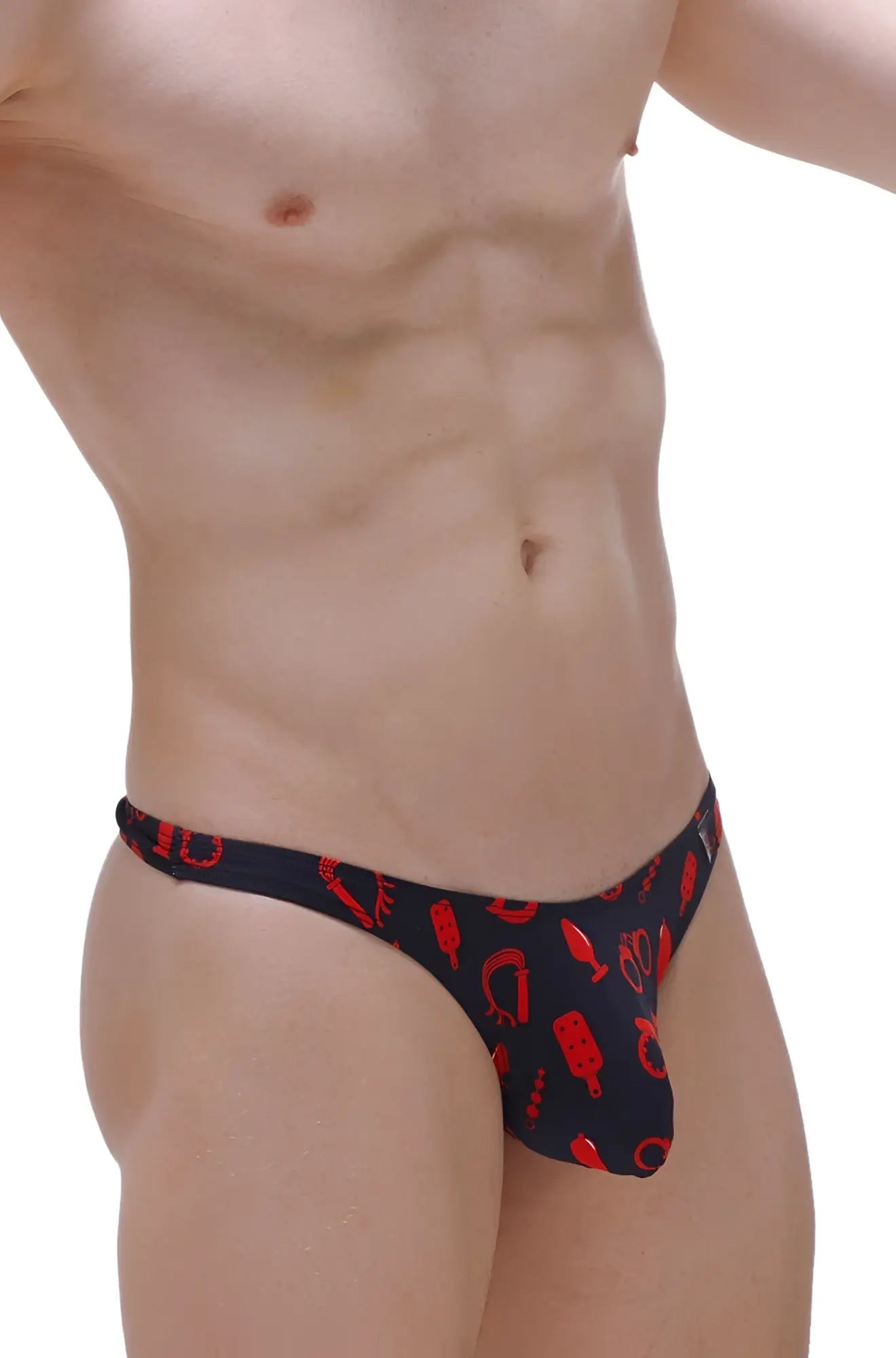 Black petitq thong with red graphic pattern designed for chill boudoir wear showing front side