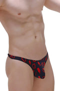 Black petitq thong with red graphic pattern designed for chill boudoir wear showing front side