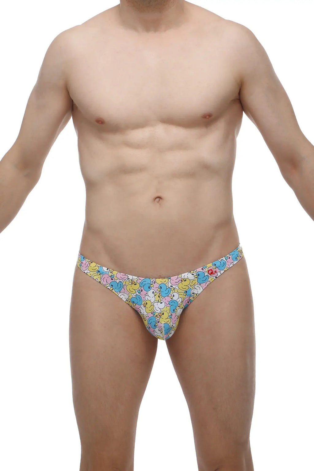Colorful cartoon duck patterned men’s briefs petitq thong chill duckies in soft breathable fabric shown from the front
