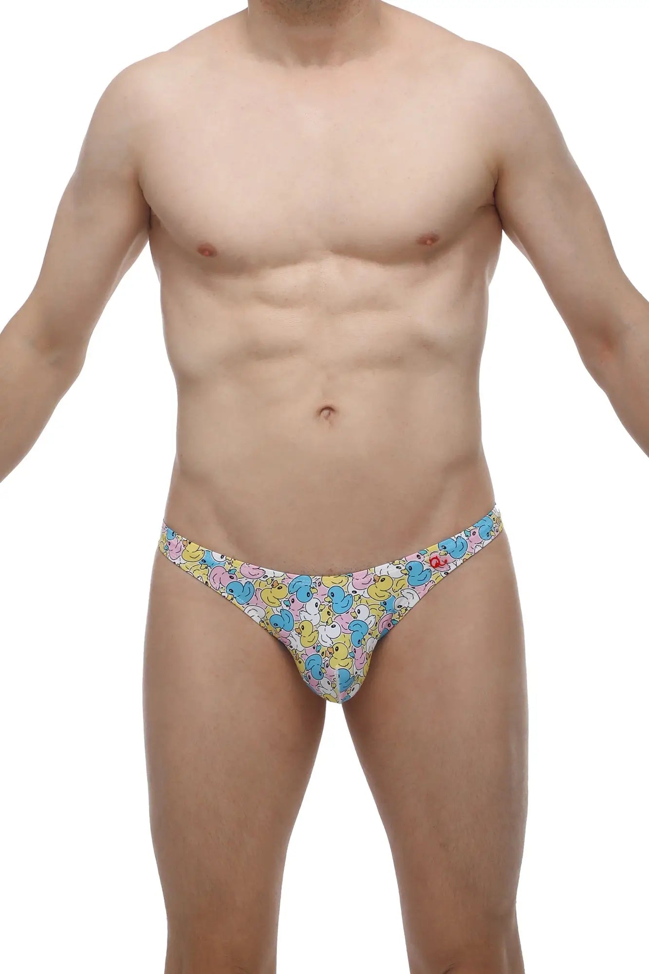 Colorful cartoon duck patterned men’s briefs petitq thong chill duckies in soft breathable fabric shown from the front