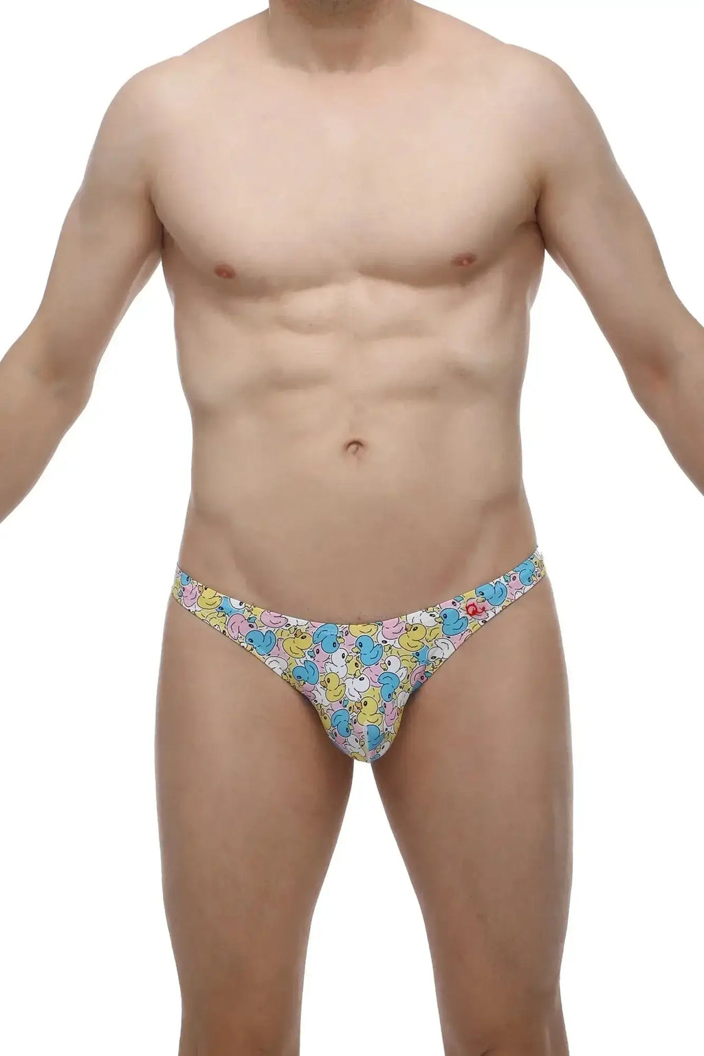 Colorful cartoon duck patterned men’s briefs petitq thong chill duckies in soft breathable fabric shown from the front