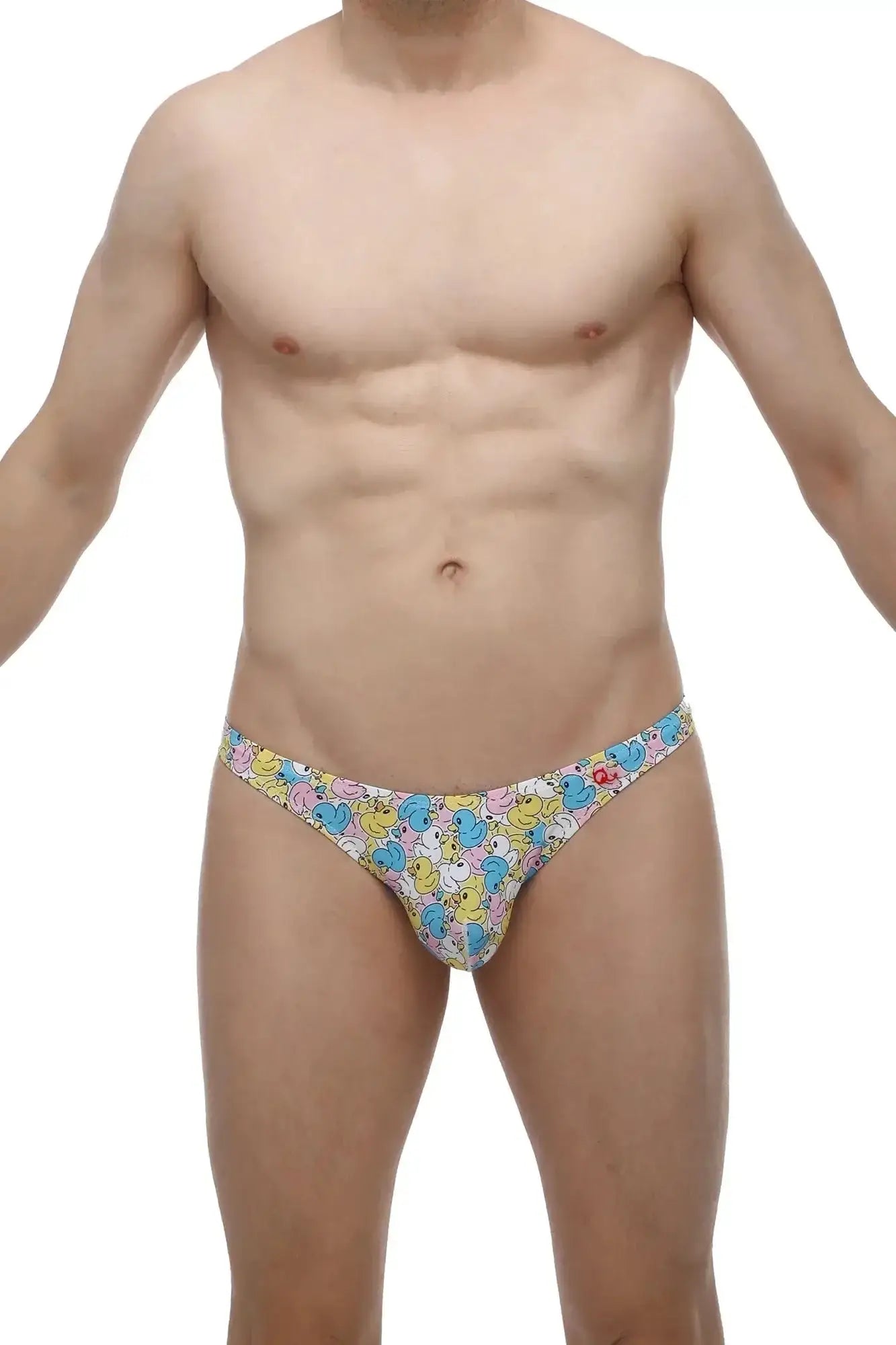 Colorful cartoon duck patterned men’s briefs petitq thong chill duckies in soft breathable fabric shown from the front