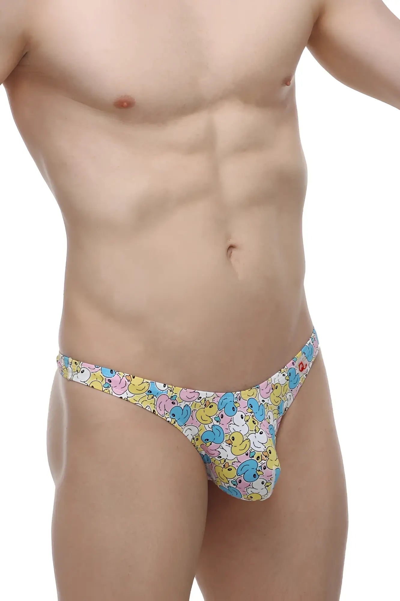 Pastel-colored petitq thong featuring a playful pattern of cartoon ducks in yellow pink and blue